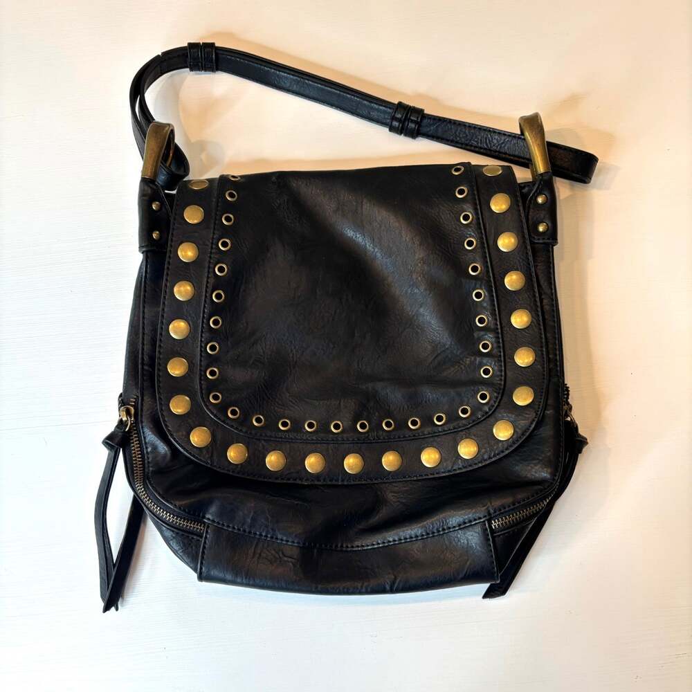 Steve Madden Black Studded Grommet Flap Crossbody Shoulder Bag Purse